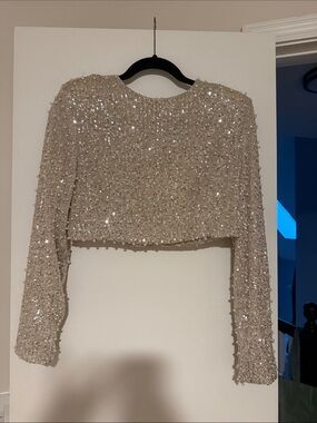 MARBLE Ivory Sequin Cropped Long-Sleeve Top